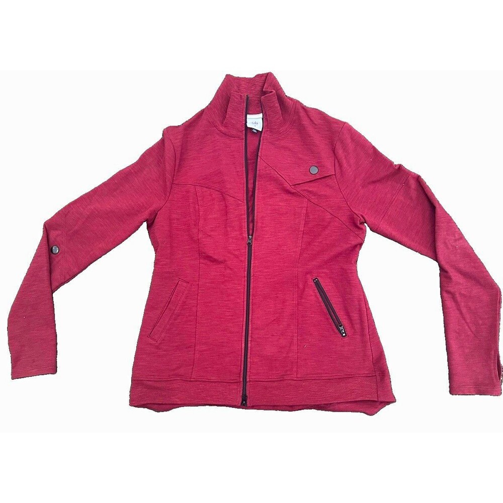 Cabi Womens Small Burgundy Full Zip Moto Jacket Stretch Knit Utility Style 4127
